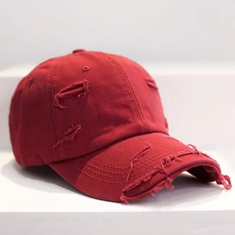 Red‎ Distressed Baseball Ball Cap Hat Dad Solid Blank, Plain Men Women Cotton